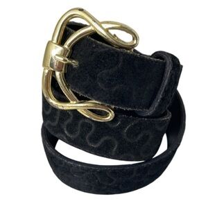 Vintage 80s Linea Privata Belt Black Gold Buckle Genuine Suede Squiggle Size S